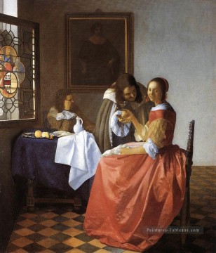 Une dame et deux messieurs Baroque Johannes Vermeer Peinture à l'huile